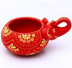 Handicraft Washable Terracotta Modern Elephant Diya Tealight T-Light Holder - Red